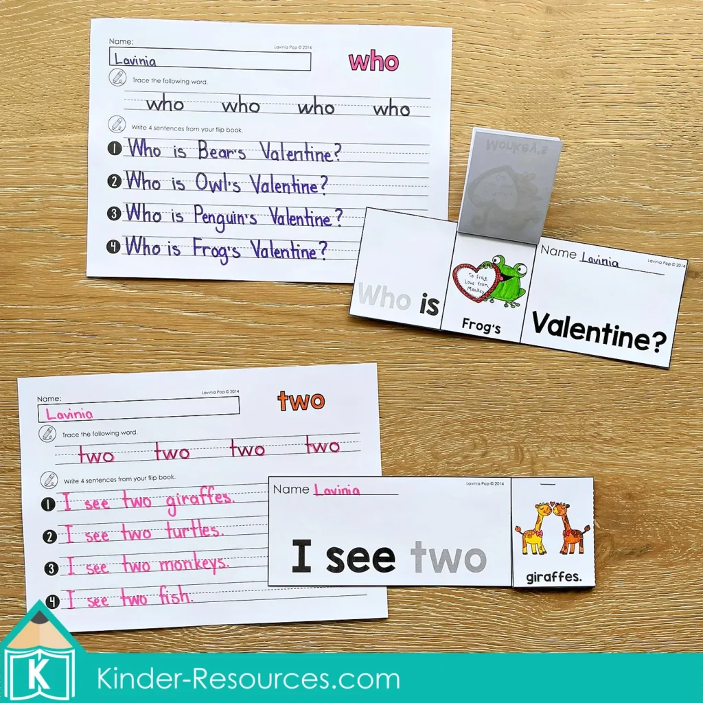 Valentine’s Day Sight Word Fluency Flip Books paired with recording sheets for tracing sight words and writing sentences