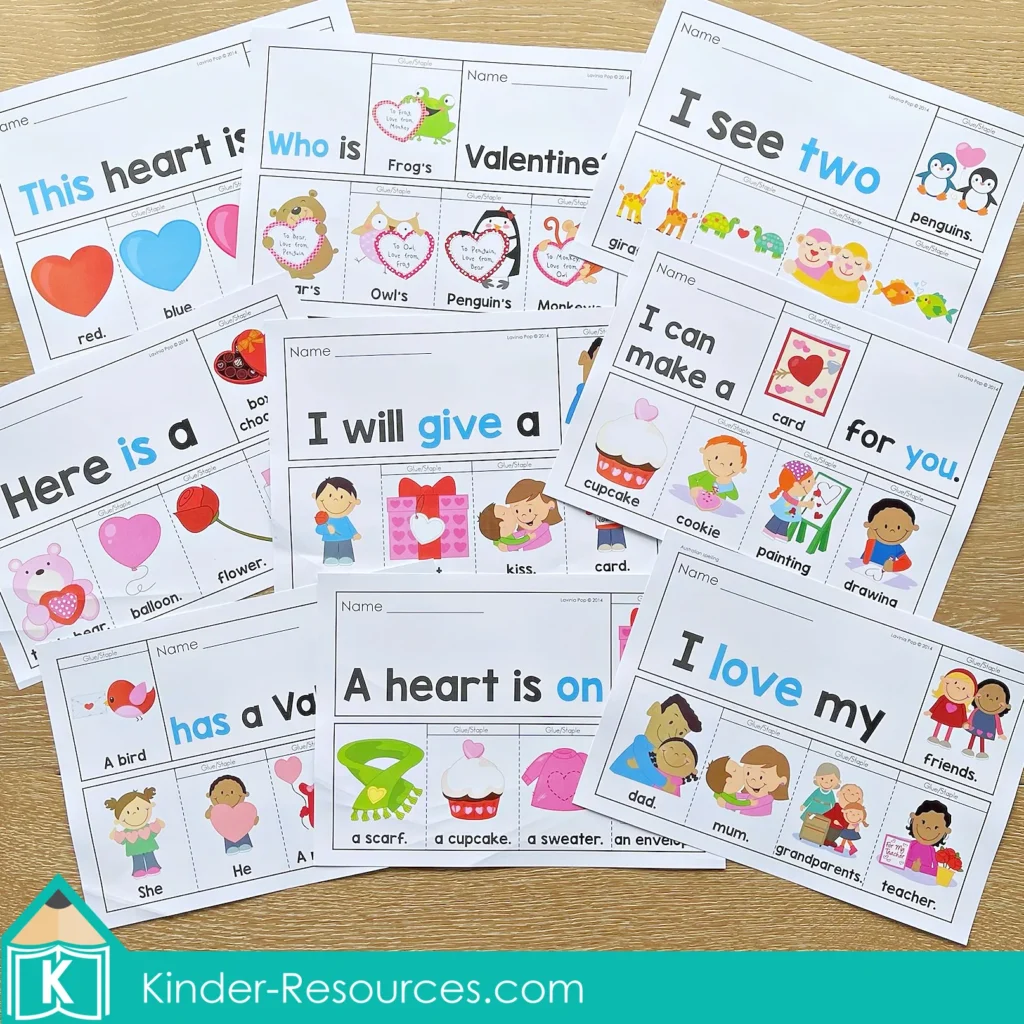 Valentine’s Day Sight Word Fluency Flip Books color version collection with nine Valentine themed sentence readers for kindergarten and early first grade