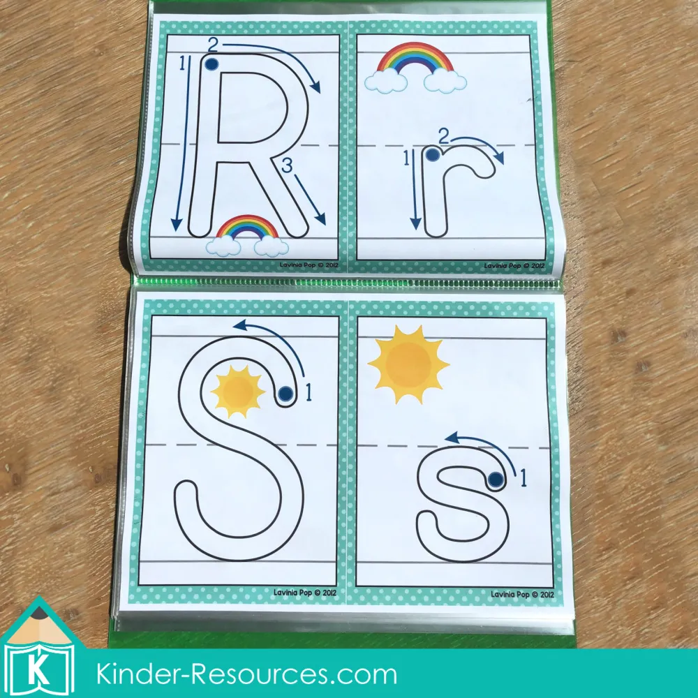 Alphabet play dough mats letter formation beginning sounds stored in binder sleeves with uppercase and lowercase tracing pages