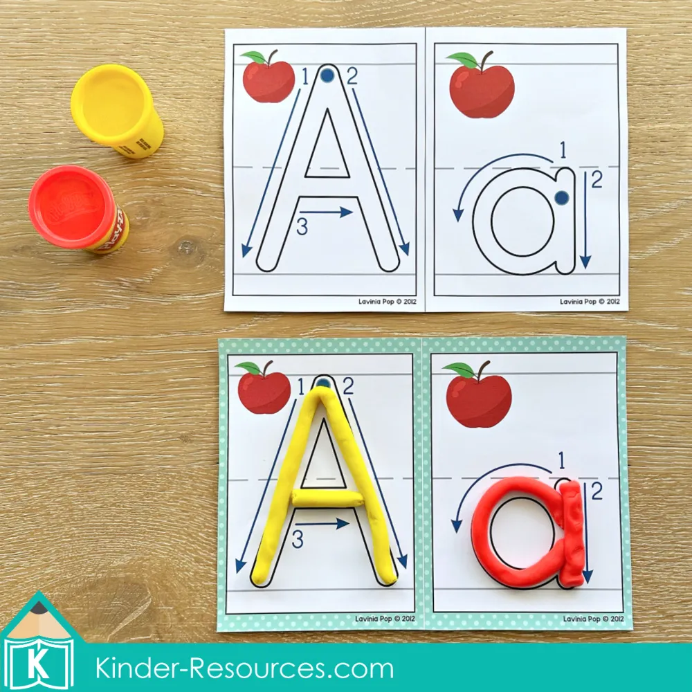 Alphabet play dough mats letter formation beginning sounds with play dough forming uppercase A and lowercase a