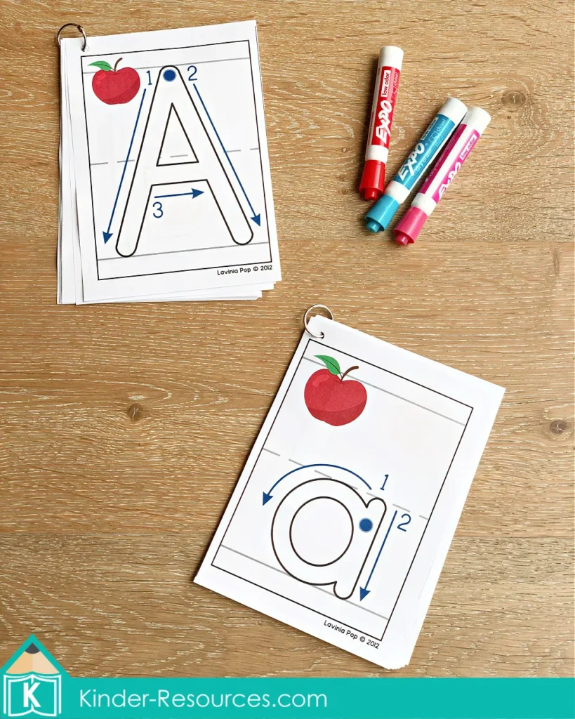 Alphabet play dough mats letter formation beginning sounds uppercase lowercase letter cards with tracing arrows and apple picture cues
