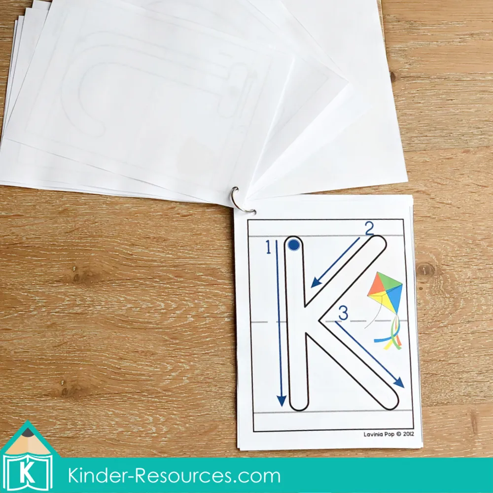 Alphabet play dough mats letter formation beginning sounds laminated flip ring cards with uppercase letter K tracing arrows