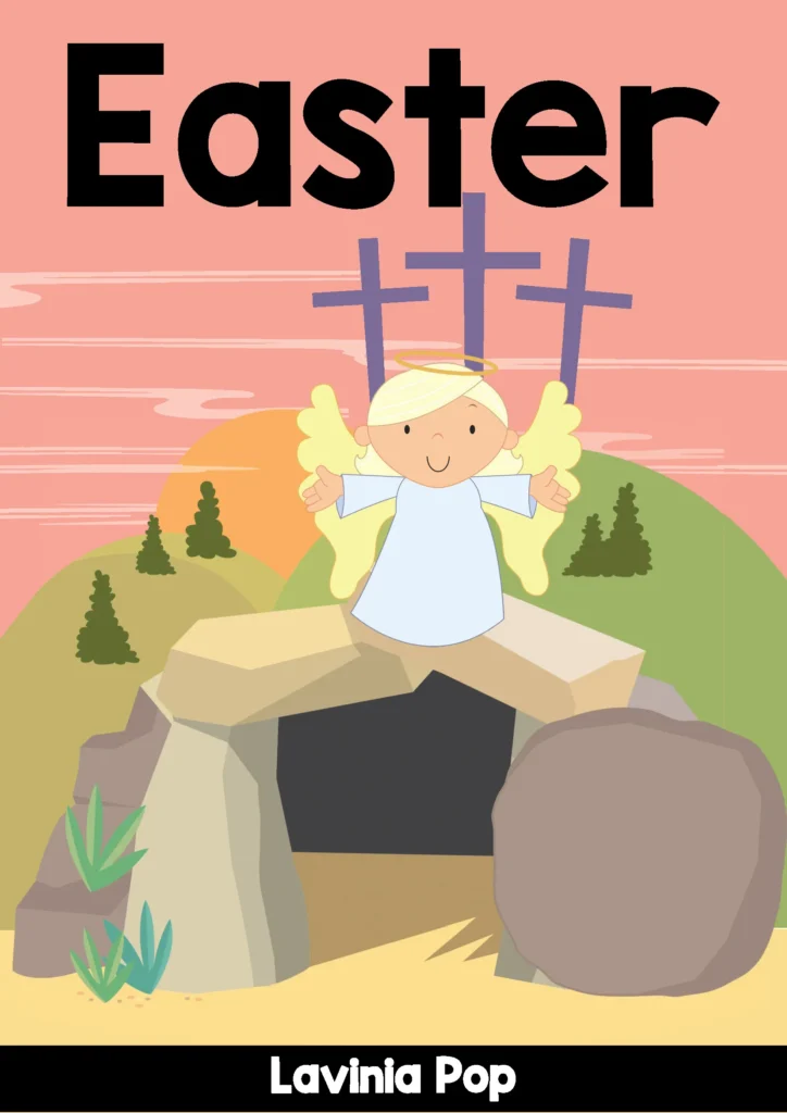 Easter preschool Bible story cover showing empty tomb and angel with crosses in the background