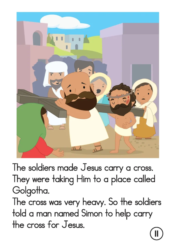 Easter Preschool Story Book Jesus carries the cross and Simon helps on the way to Golgotha