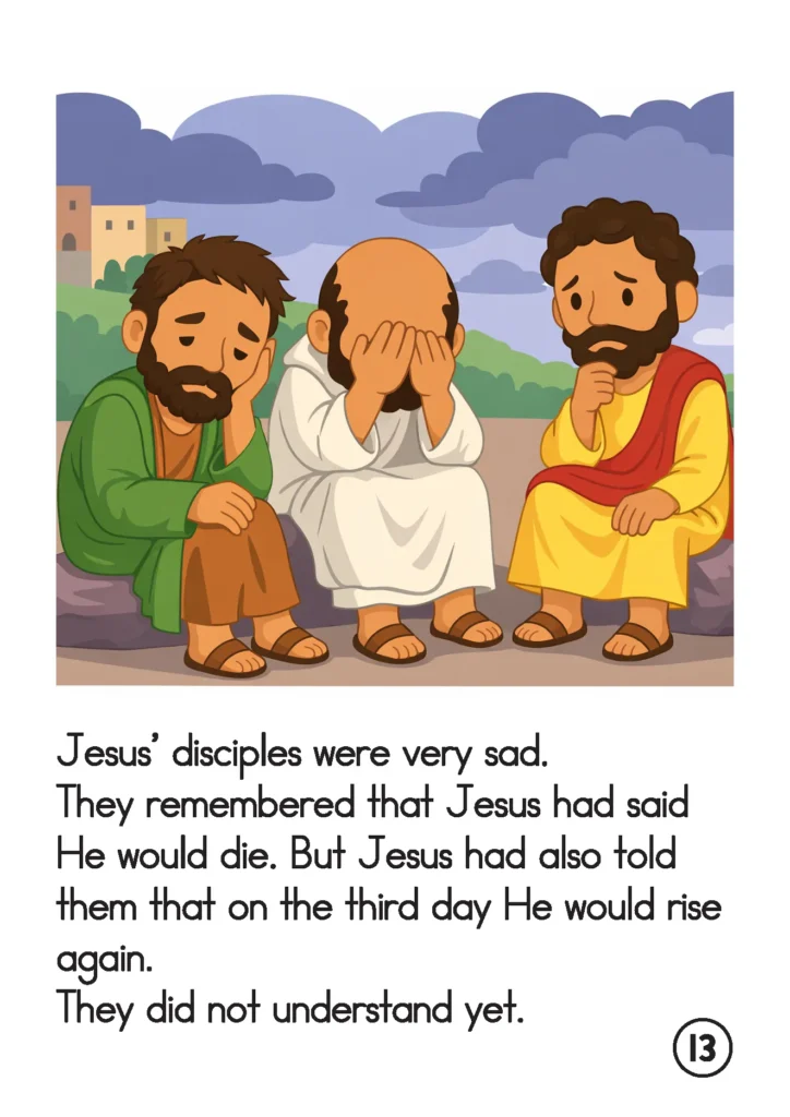 Easter Preschool Story Book disciples sit together feeling sad after Jesus dies