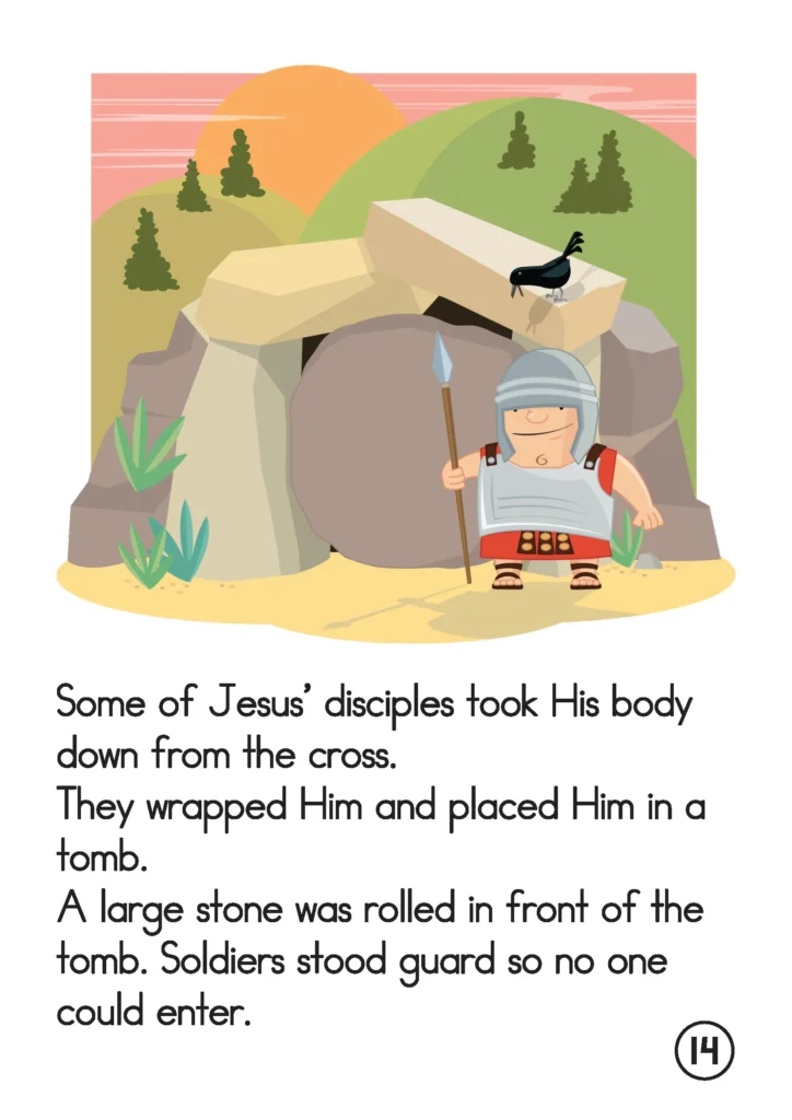 Easter Preschool Story Book Jesus is wrapped and placed in the tomb with a stone rolled in front