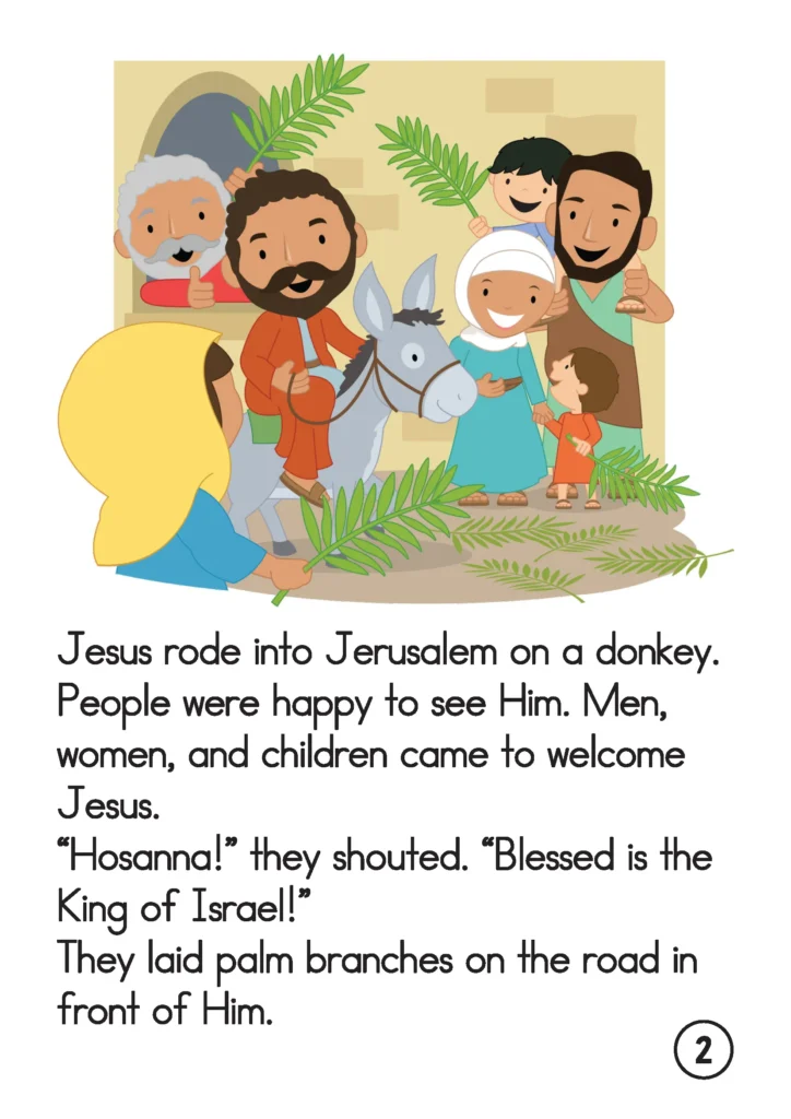 Jesus riding a donkey into Jerusalem with people waving palm branches in a preschool Bible story