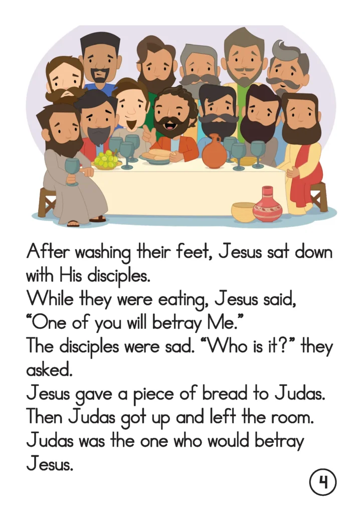 Jesus and His disciples at the Last Supper with Judas leaving after receiving bread in a preschool Bible story