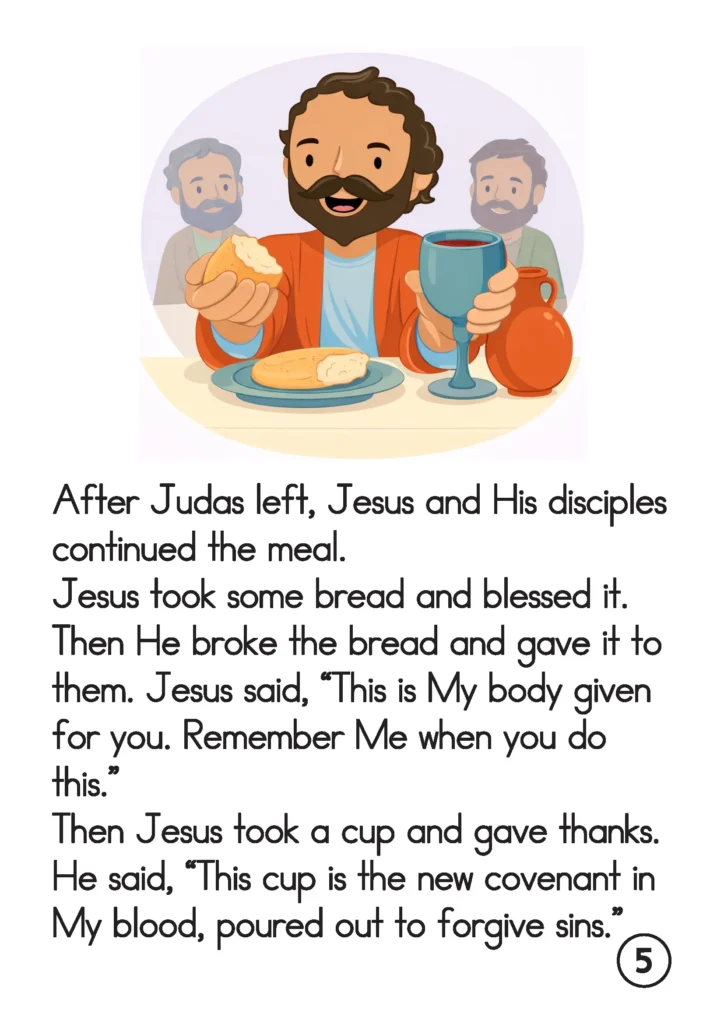 Jesus breaking bread and holding a cup during the Last Supper teaching “Remember Me” in a preschool Bible story