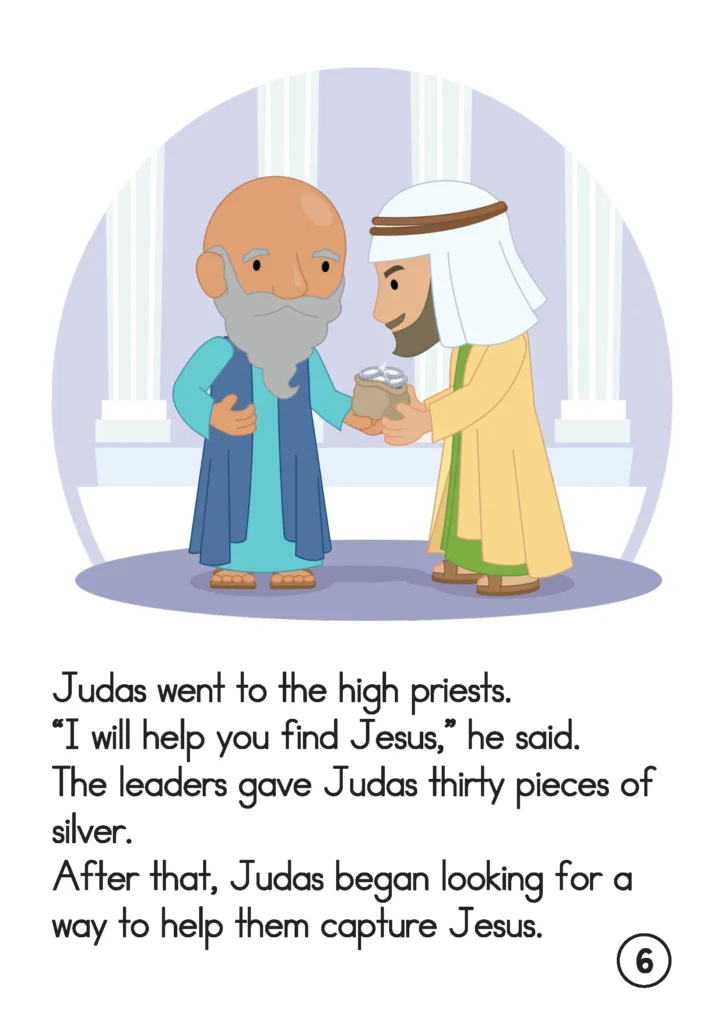 Easter Preschool Story Book Judas gives silver coins to the high priests to help capture Jesus