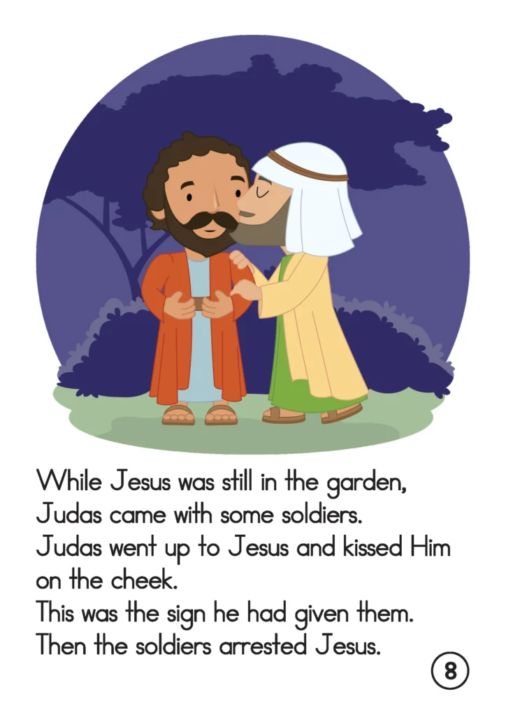 Easter Preschool Story Book Judas kisses Jesus and soldiers arrest Him in the garden