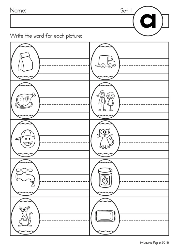 CVC Easter Eggs Word Work Center recording sheet set 1 for writing CVC words with short vowel a picture prompts