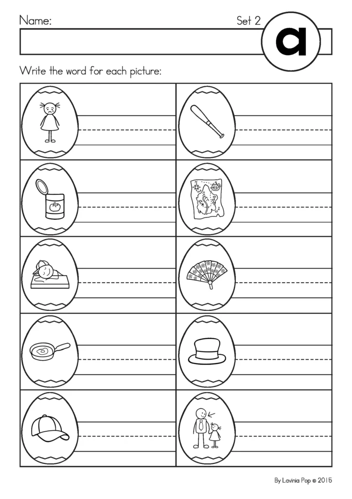 CVC Easter Eggs Word Work Center recording sheet set 2 for writing short vowel a CVC words with picture support