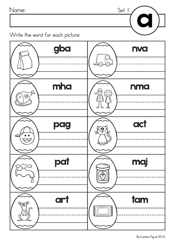 CVC Easter Eggs Word Work Center mixed word recording sheet set 1 with scrambled CVC words for phonics practice