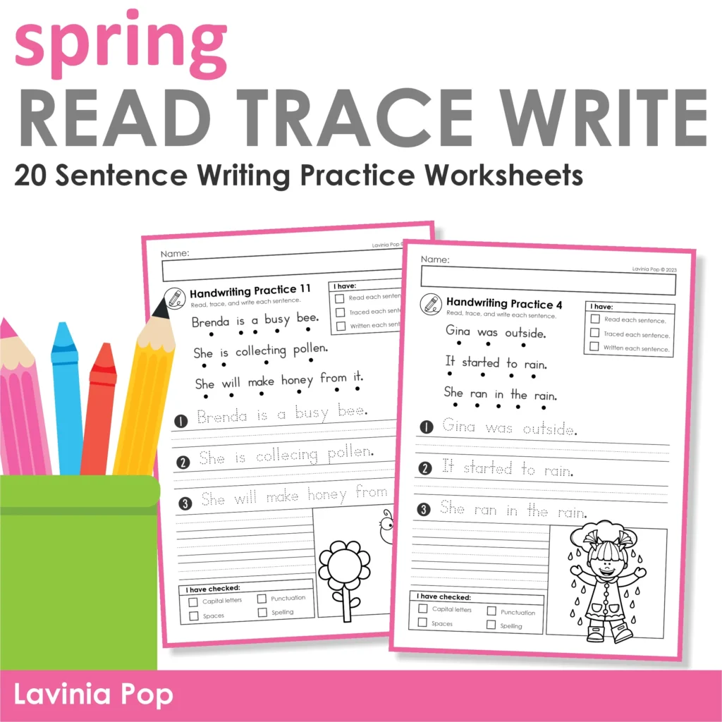 Spring read trace write sentence writing worksheets with handwriting practice pages for kindergarten and first grade