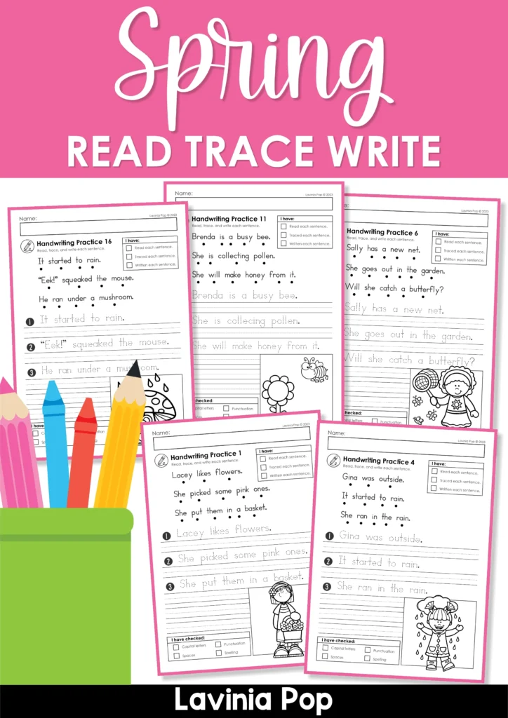 Spring read trace write sentence writing worksheets preview pages with multiple handwriting practice sentence activities for kindergarten and first grade