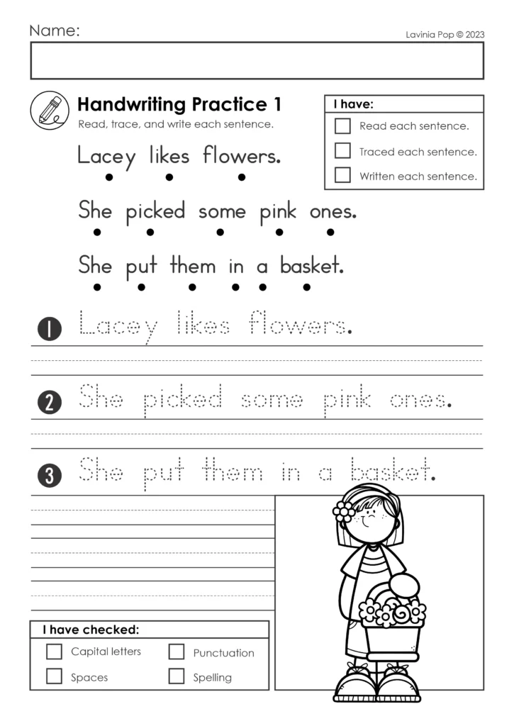 Spring read trace write sentence writing worksheets page with Lacey likes flowers sentence practice and handwriting lines