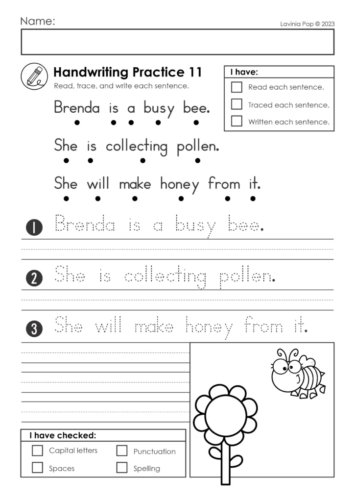 Spring read trace write sentence writing worksheets page with Brenda is a busy bee sentence practice and handwriting lines