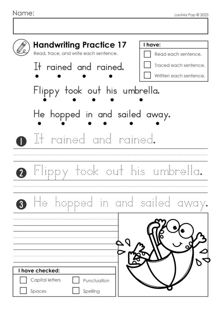 Spring read trace write sentence writing worksheets page with it rained and rained sentence practice and handwriting lines