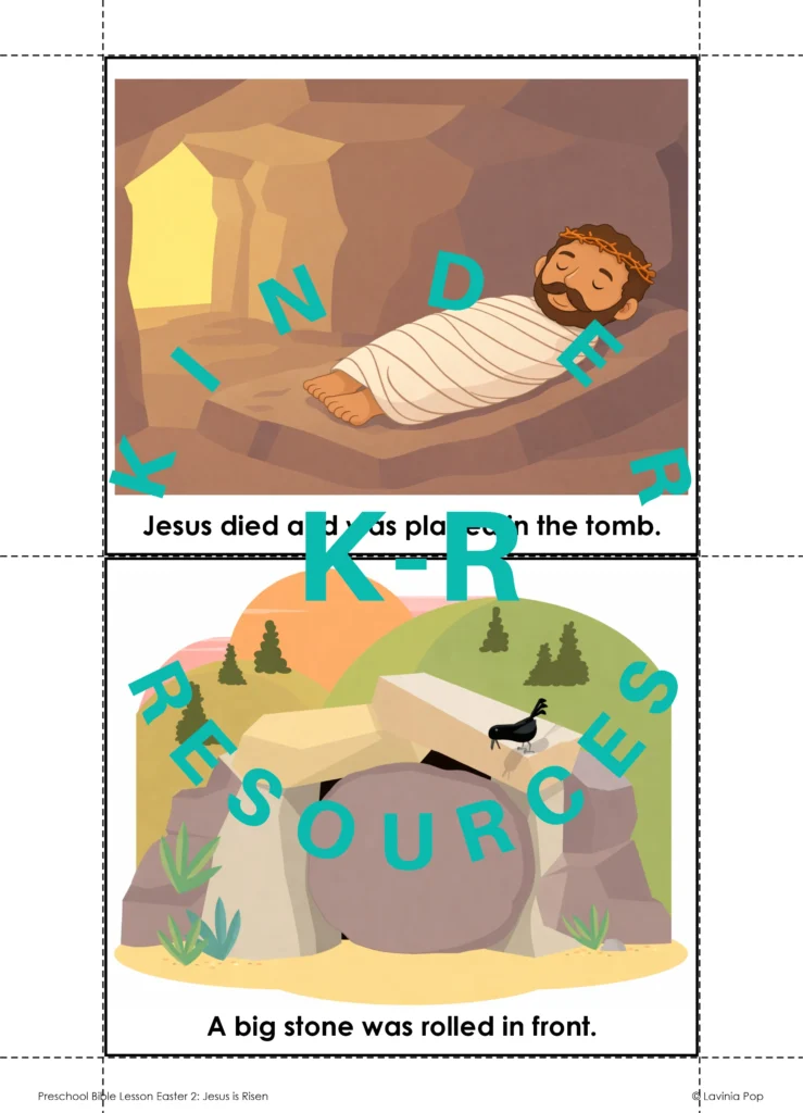 Jesus Is Risen preschool Bible lesson sequencing cards with tomb stone women and empty tomb