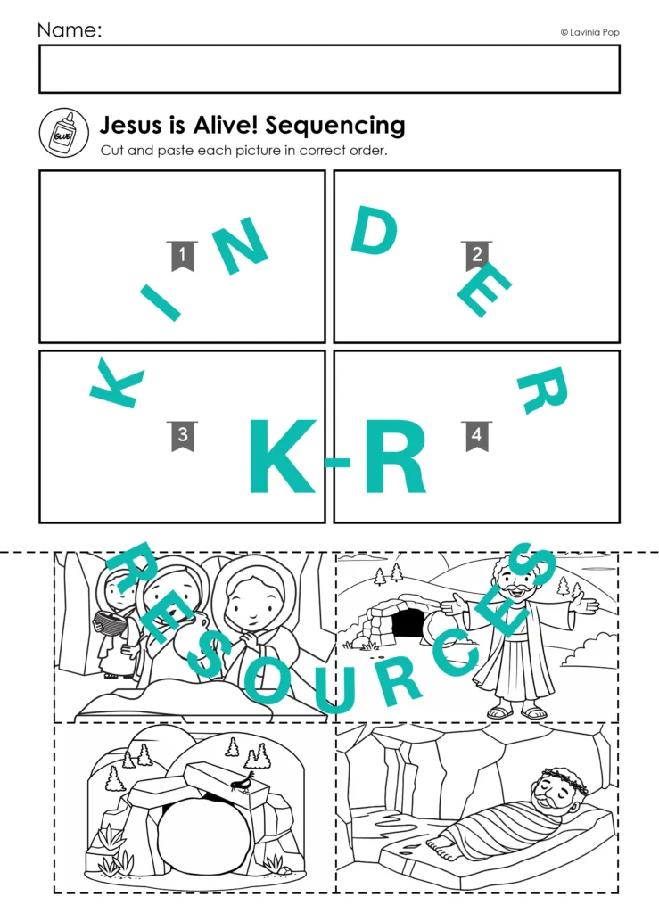 Jesus Is Risen preschool Bible lesson sequencing worksheet with cut and paste story order activity