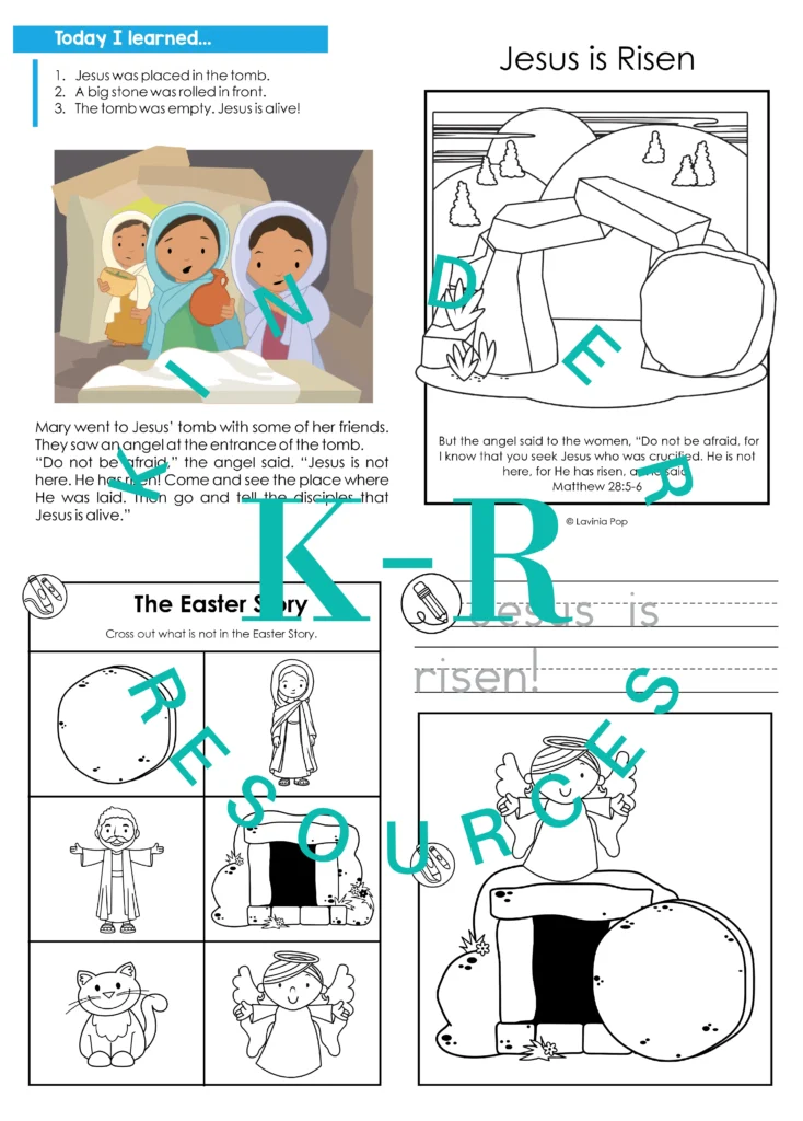 Jesus Is Risen preschool Bible lesson take home booklet pages with tracing coloring and simple story