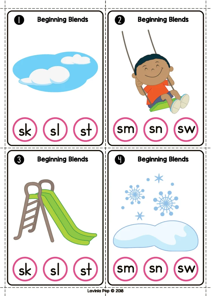 Spring Literacy Centers for Kindergarten beginning blends clip cards with pictures and blend options