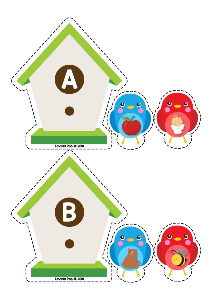 Spring Literacy Centers for Kindergarten beginning sounds sorting activity with birdhouse and picture cards
