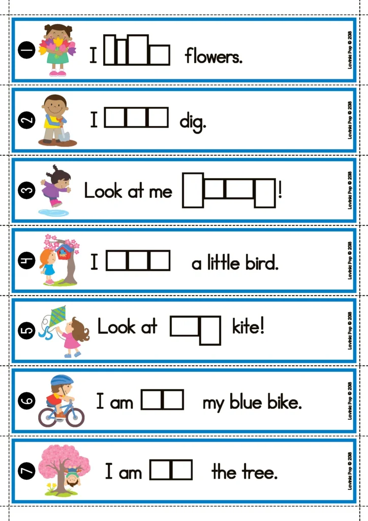 Spring Literacy Centers for Kindergarten missing sight words sentence strips with picture support and fill in boxes