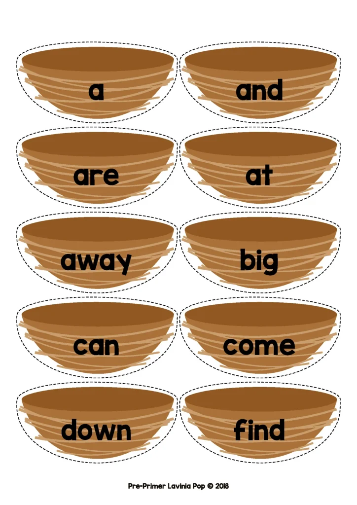 Spring Literacy Centers for Kindergarten sight word nests for sorting and matching pre primer words
