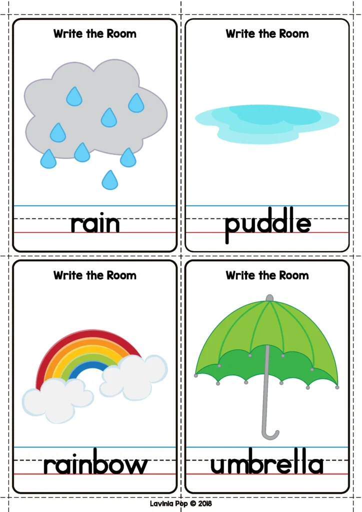 Spring Literacy Centers for Kindergarten write the room cards with rain, puddle, rainbow, and umbrella vocabulary
