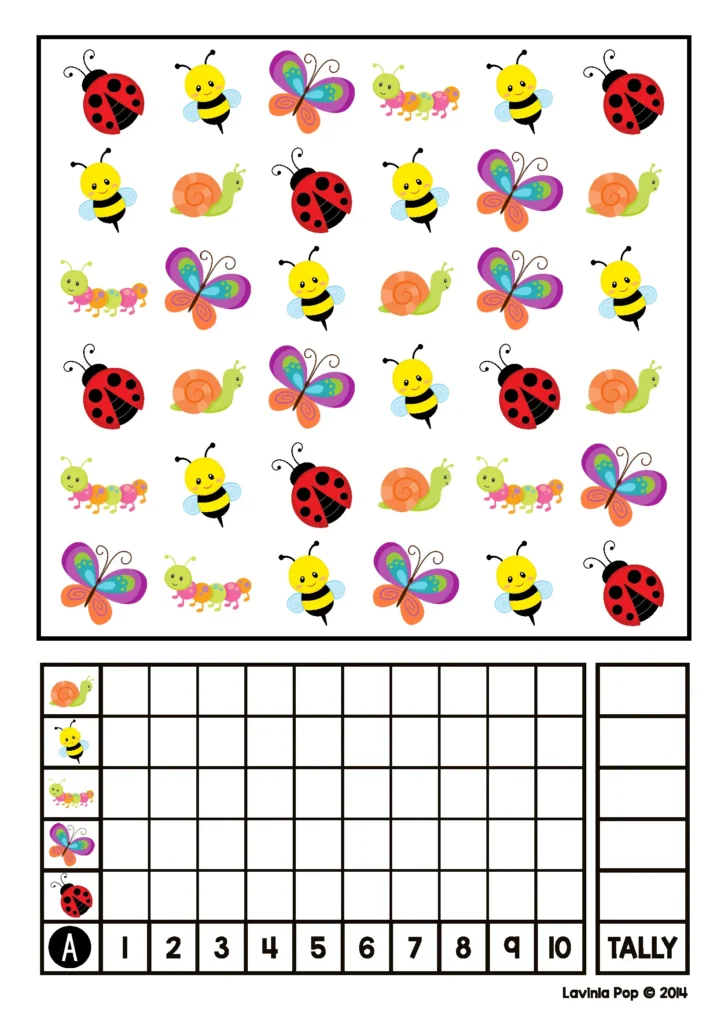 Spring Math Centers for Kindergarten Count Tally Graph Activity Insect Data Chart