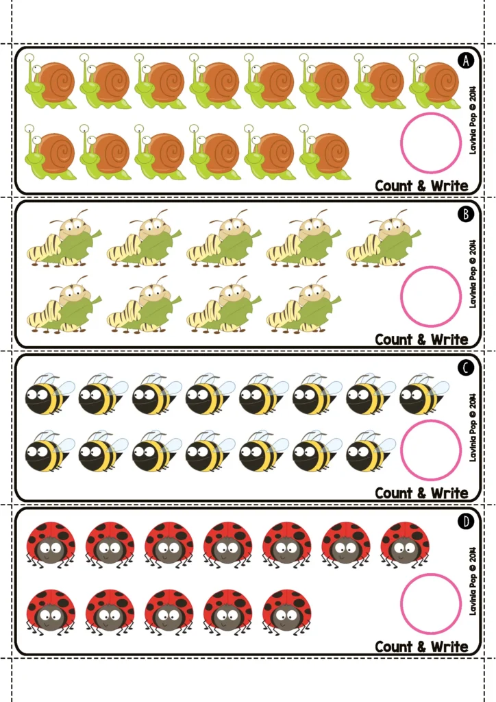 Spring Math Centers for Kindergarten Count and Write Activity Insect Counting Cards