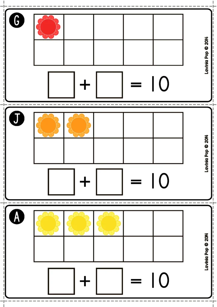 Spring Math Centers for Kindergarten ten frame addition activity making 10 with flower counters