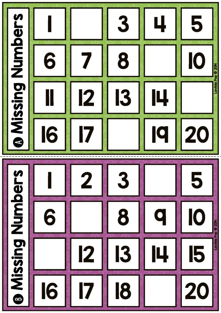 Spring Math Centers for Kindergarten missing numbers activity with number grid from 1 to 20
