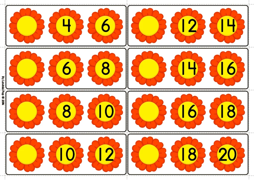 Spring Math Centers for Kindergarten skip counting by 2 activity with flower number sequence cards