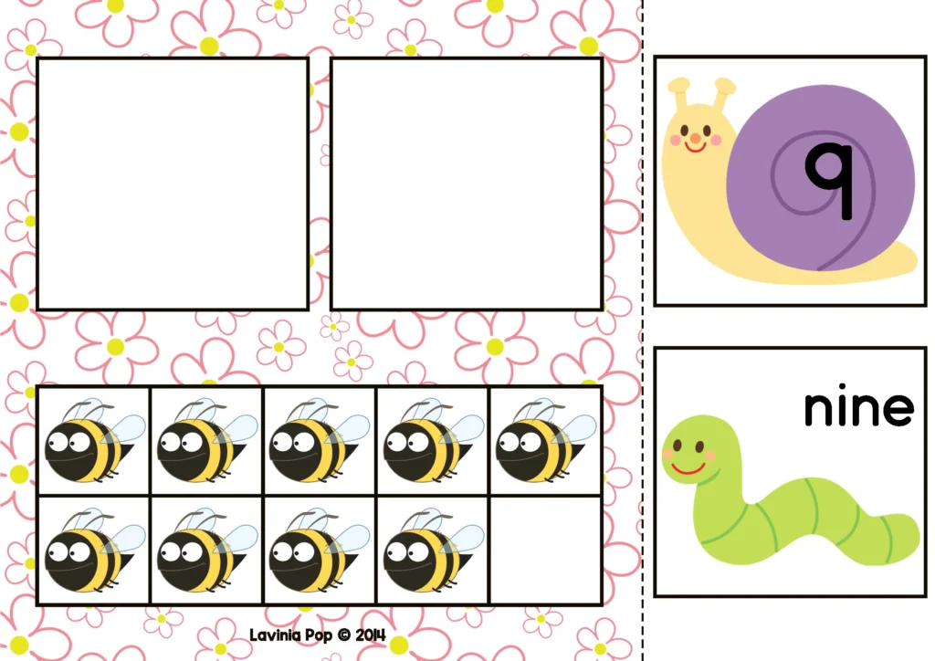 Spring Math Centers for Kindergarten ten frame number match activity for number 9 with counting grid