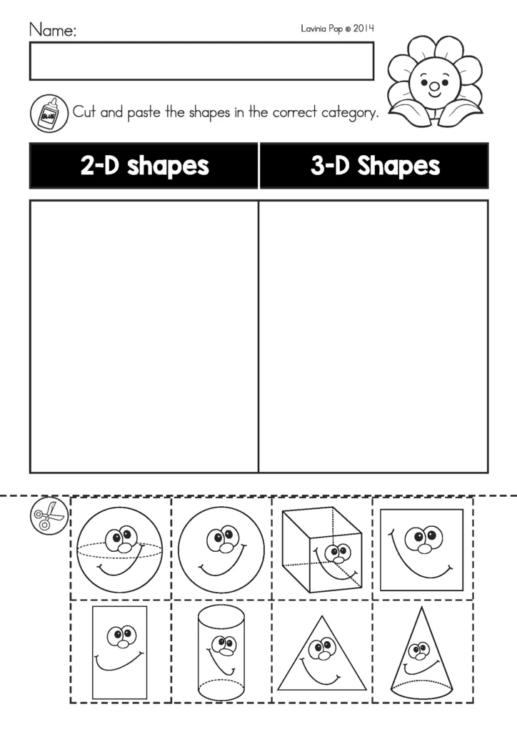 Spring Kindergarten Worksheets and Activities 2D and 3D shapes cut and paste sorting activity for kindergarten geometry practice