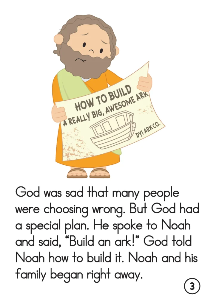 Noah Builds the Ark Preschool Bible Lesson printable story page where God tells Noah to build an ark and Noah begins right away