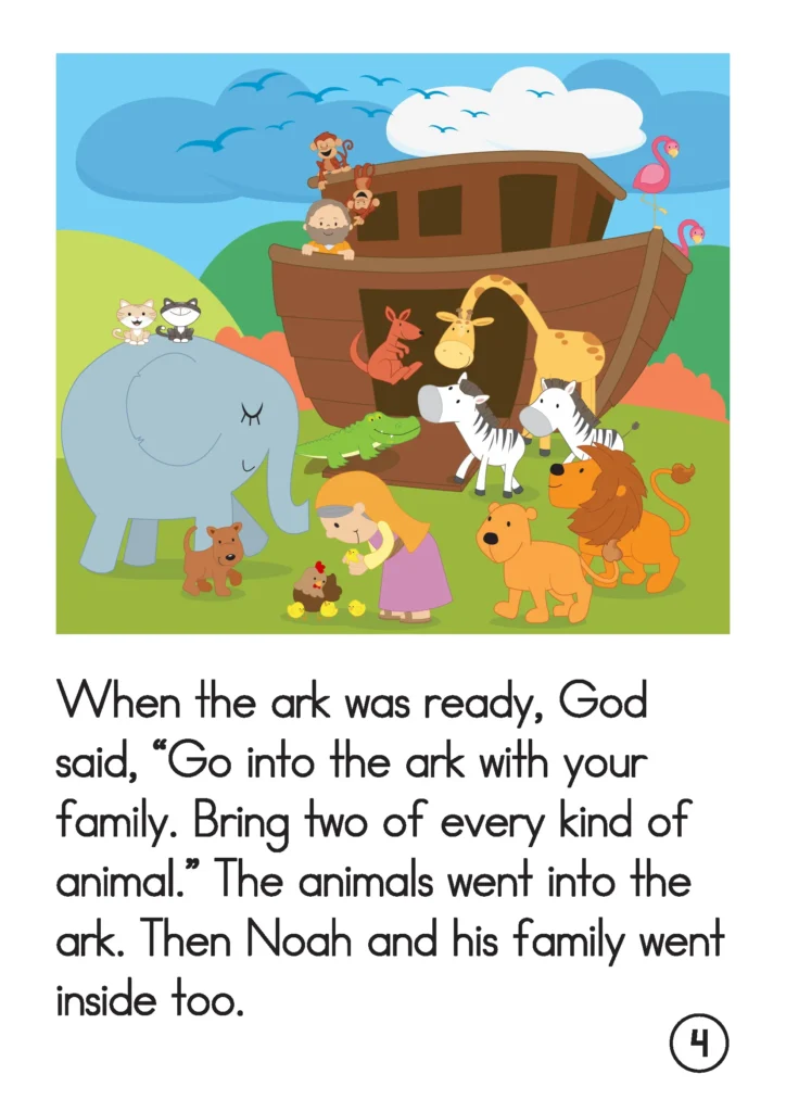 Noah’s Ark story page showing animals going into the ark two by two while Noah and his family prepare to enter.
