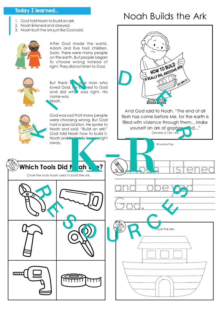 Noah Builds the Ark Preschool Bible Lesson Worksheets Craft and Writing Pages