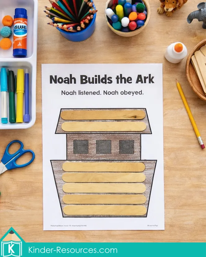 Noah Builds the Ark Preschool Bible Lesson ark craft with popsicle sticks glued onto printable ark template