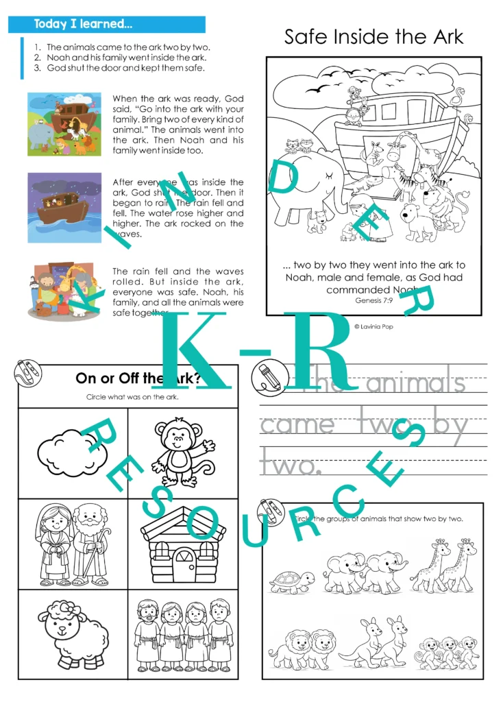 Printable Noah’s Ark take home booklet with coloring pages, tracing, and activities for preschool Bible lesson.