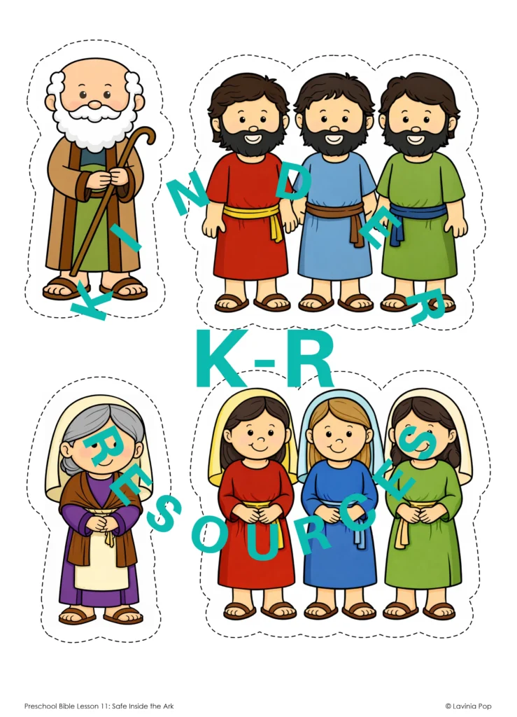 Printable characters of Noah and his sons used for preschool Noah’s Ark Bible storytelling activity.