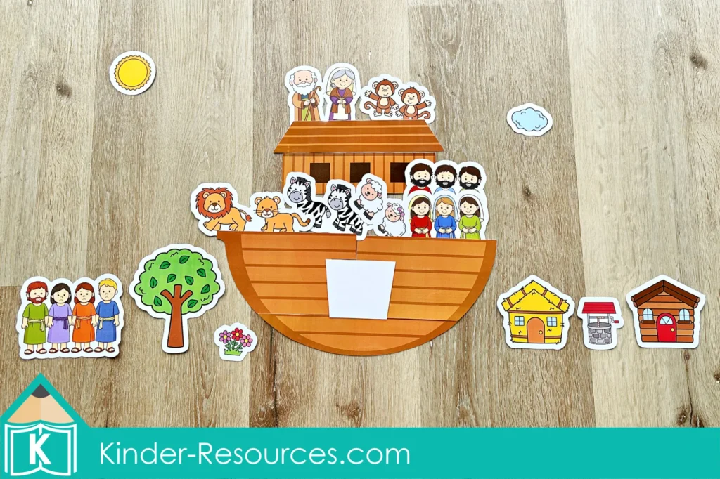 Noah’s Ark preschool sorting activity showing animals two by two and Noah’s family inside the ark with objects that stayed outside.