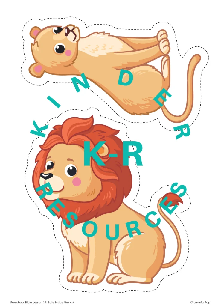 Printable lion and lioness animal puppets used in a Noah’s Ark preschool Bible lesson animal parade activity.