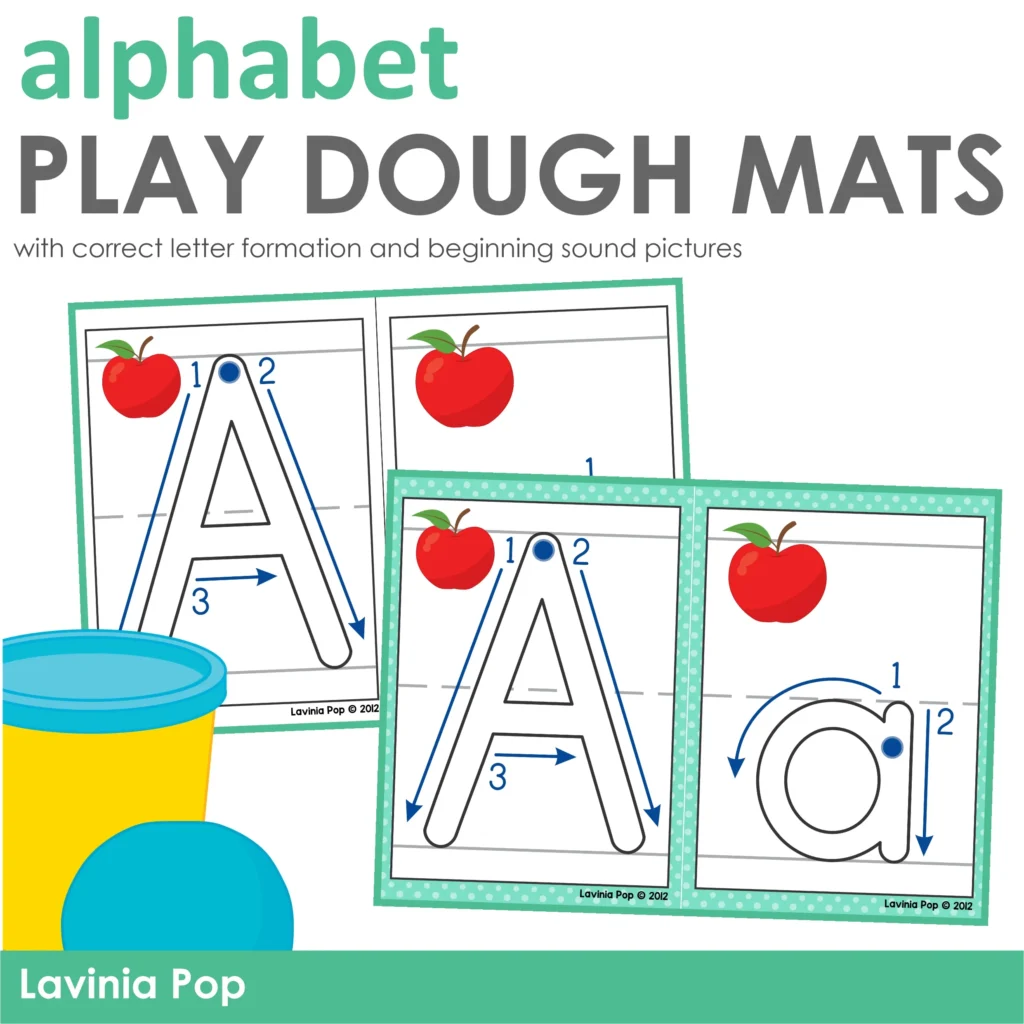 Alphabet play dough mats letter formation beginning sounds preschool kindergarten resource cover with uppercase and lowercase tracing mats