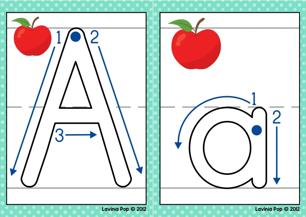 Alphabet play dough mats letter formation beginning sounds uppercase A and lowercase a tracing cards with apple picture cues