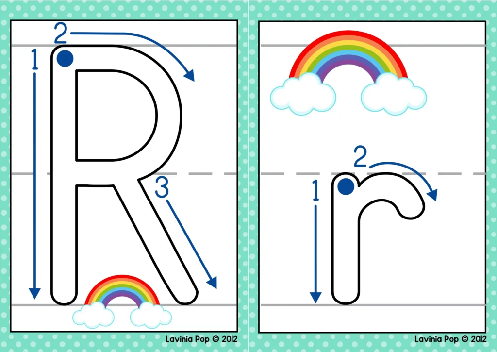 Alphabet play dough mats letter formation beginning sounds uppercase R and lowercase r tracing arrows with rainbow picture cue
