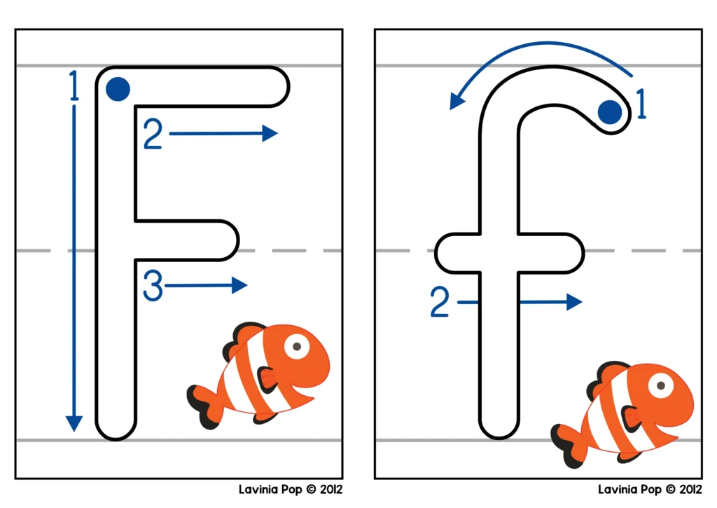 Alphabet play dough mats letter formation beginning sounds uppercase F and lowercase f tracing arrows with fish picture cue